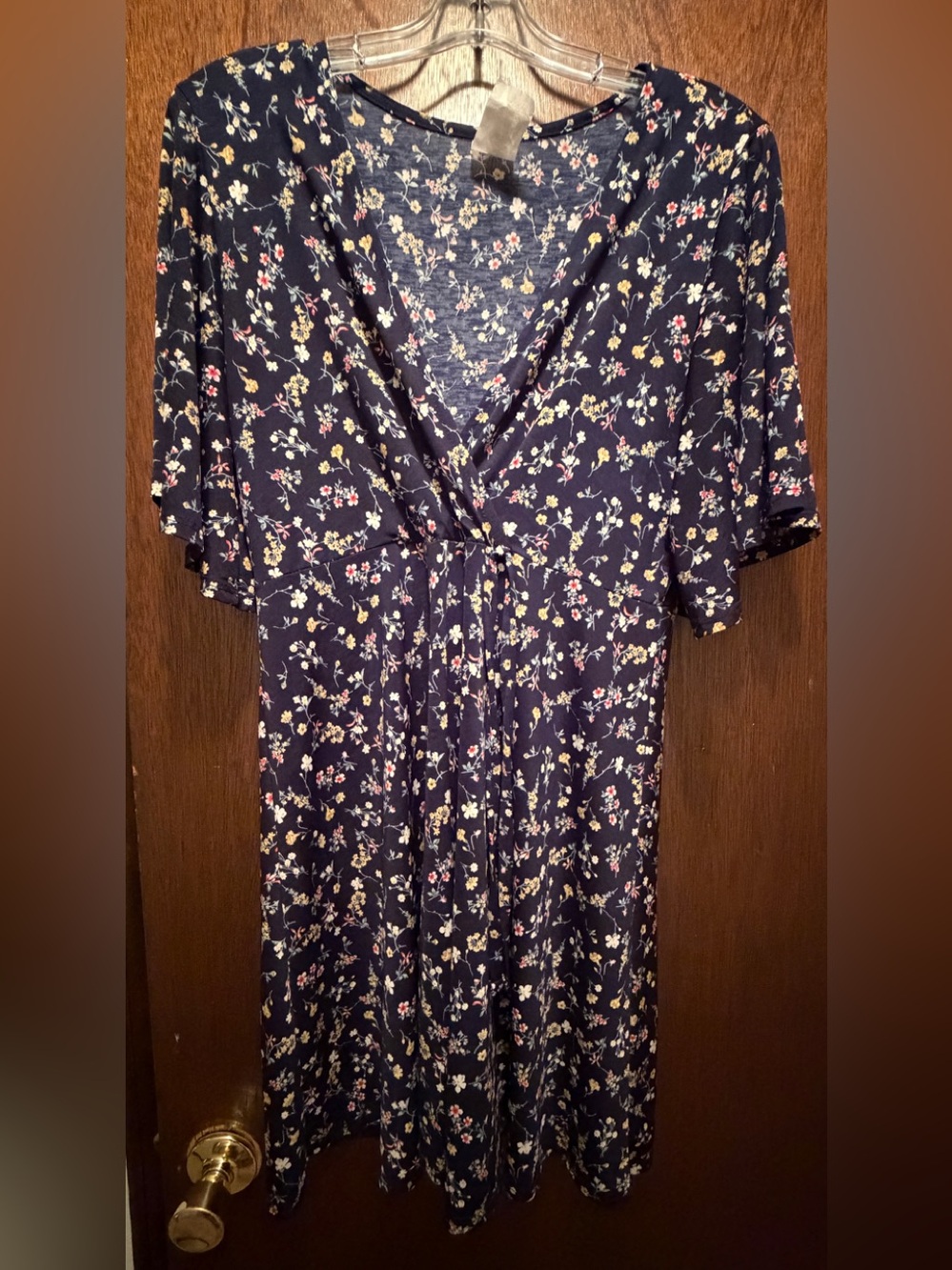 Women's Floral V-Neck Wrap Dress - Navy with Multi-Color Floral